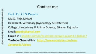 Contact me
Prof. Dr. G.N Purohit
MVSC, PhD, MNVAS
Head Dept. Veterinary (Gynecology & Obstetrics)
College of veterinary & Animal Science, Bikaner, Raj.India.
Email:gnpobs@gmail.com
Linked in : linkedin.com/in/dr-govind-narayan-purohit-13a04a17
YouTube Channel link : https://www.youtube.com/user
/gnpobs61/videos
GOVIND
NARAYAN
PUROHIT
(GNP
Sir)
Dr. GN Purohit – Educational and Confidential - Content collected from different sources Not Permitted for Replication or Commercial Purposes
 