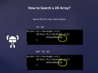 internal Getters & Setters? 
Without a JIT, direct field access is about 3x faster than invoking a trivial getter. With the JIT (where 
direct field access is as cheap as accessing a local), direct field access is about 7x faster than invoking 
a trivial getter.* 
(*): http://developer.android.com/training/articles/perf-tips.html 
 
