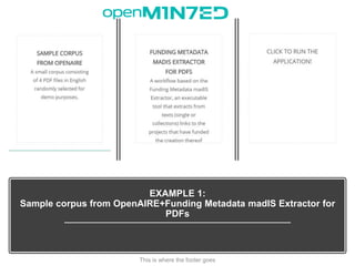 28
EXAMPLE 1:
Sample corpus from OpenAIRE+Funding Metadata madIS Extractor for
PDFs
This is where the footer goes
 