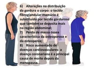 6) Alterações na distribuição
da gordura o corpo: o tecido
fibroglandular mamário é
substituído por tecido gorduroso
que também se deposita mais
na região abdominal;
7) Perda de massa óssea
característica da osteoporose e
da osteopenia;
8) Risco aumentado de
doenças cardiovasculares: a
doença coronariana é a principal
causa de morte depois da
menopausa.
 