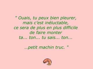 " Ouais, tu peux bien pleurer,  mais c’est inéluctable,  ce sera de plus en plus difficile  de faire monter  ta... ton... tu sais... ton...  … petit machin truc. "   