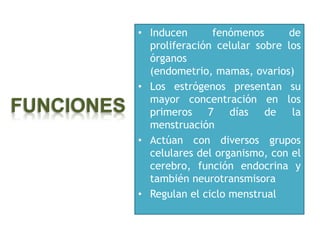• Inducen      fenómenos      de
              proliferación celular sobre los
              órganos
              (endometrio, mamas, ovarios)
            • Los estrógenos presentan su
              mayor concentración en los
FUNCIONES     primeros 7 días de la
              menstruación
            • Actúan con diversos grupos
              celulares del organismo, con el
              cerebro, función endocrina y
              también neurotransmisora
            • Regulan el ciclo menstrual
 