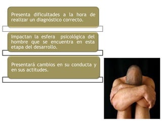 Presenta dificultades a la hora de
realizar un diagnóstico correcto.


Impactan la esfera psicológica del
hombre que se encuentra en esta
etapa del desarrollo.


Presentará cambios en su conducta y
en sus actitudes.
 