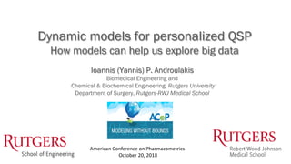 July
Dynamic models for personalized QSP
How models can help us explore big data
Ioannis (Yannis) P. Androulakis
Biomedical Engineering and
Chemical & Biochemical Engineering, Rutgers University
Department of Surgery, Rutgers-RWJ Medical School
American Conference on Pharmacometrics
October 20, 2018
 