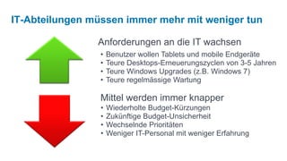 IT-Abteilungen müssen immer mehr mit weniger tun

                Anforderungen an die IT wachsen
                 •   Benutzer wollen Tablets und mobile Endgeräte
                 •   Teure Desktops-Erneuerungszyclen von 3-5 Jahren
                 •   Teure Windows Upgrades (z.B. Windows 7)
                 •   Teure regelmässige Wartung

                 Mittel werden immer knapper
                 •   Wiederholte Budget-Kürzungen
                 •   Zukünftige Budget-Unsicherheit
                 •   Wechselnde Prioritäten
                 •   Weniger IT-Personal mit weniger Erfahrung
 