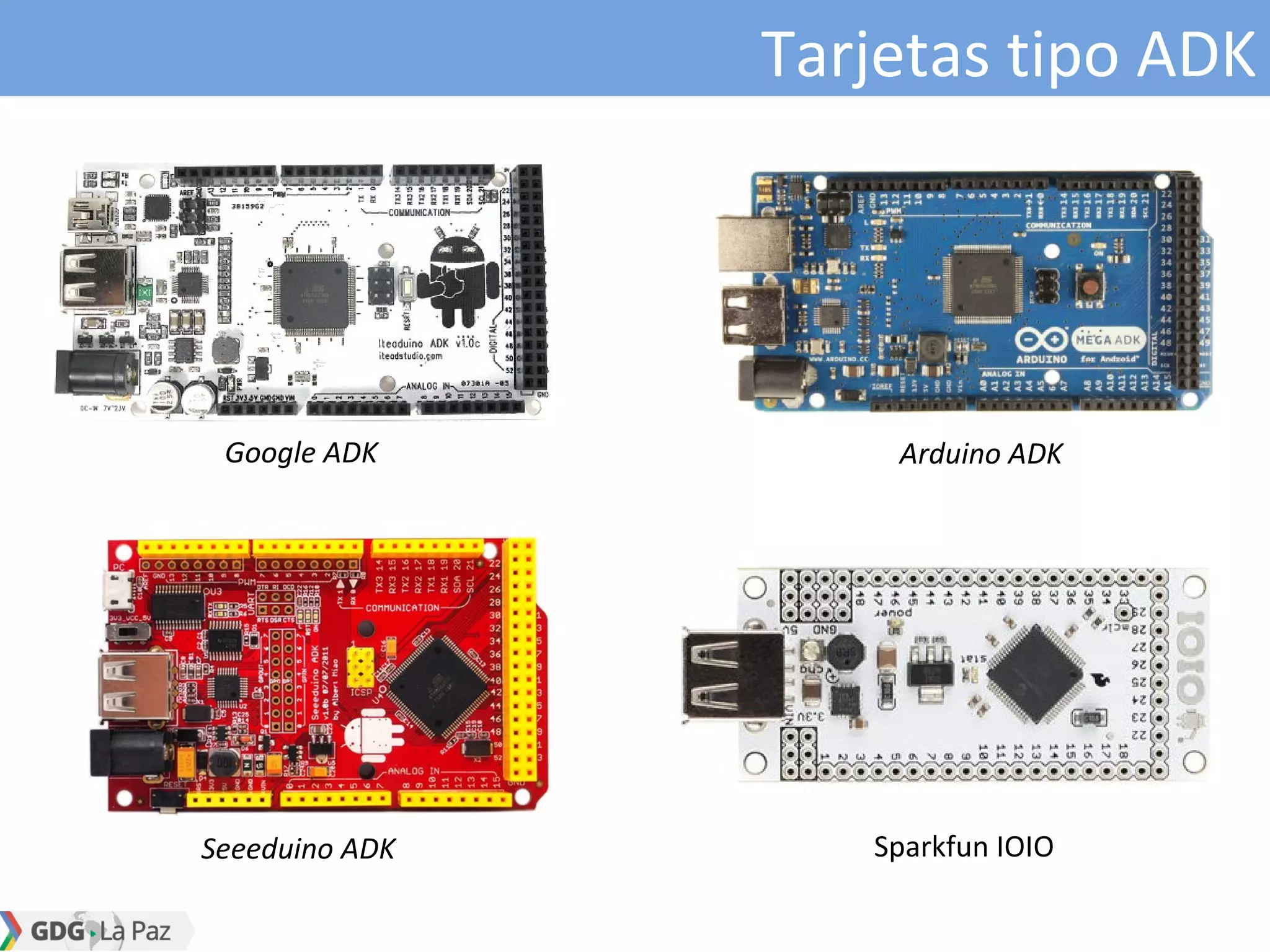 Tarjetas tipo ADK
Google ADK Arduino ADK
Seeeduino ADK Sparkfun IOIO
 