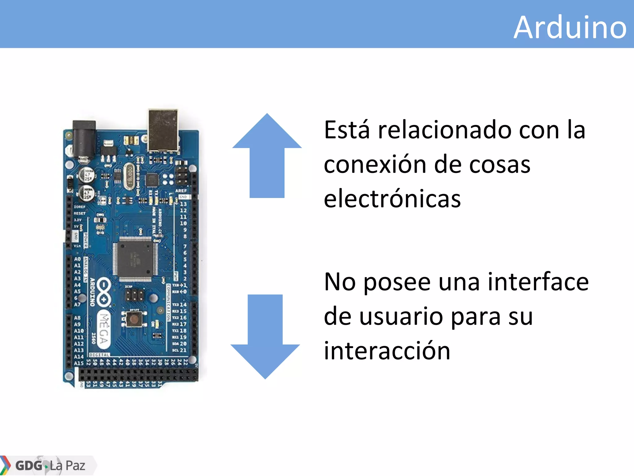 Arduino
Está relacionado con la
conexión de cosas
electrónicas
No posee una interface
de usuario para su
interacción
 