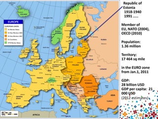 Republic of
     Estonia
     1918-1940
     1991 .....

    Member of
    EU, NATO (2004),
    OECD (2010)
E
    Population:
    1.36 million

    Territory:
    17 464 sq mile

    in the EURO zone
    from Jan.1, 2011

    GDP:
    28 billion USD
    GDP per capita: 21
    000 USD
    (2012 estimates)
 