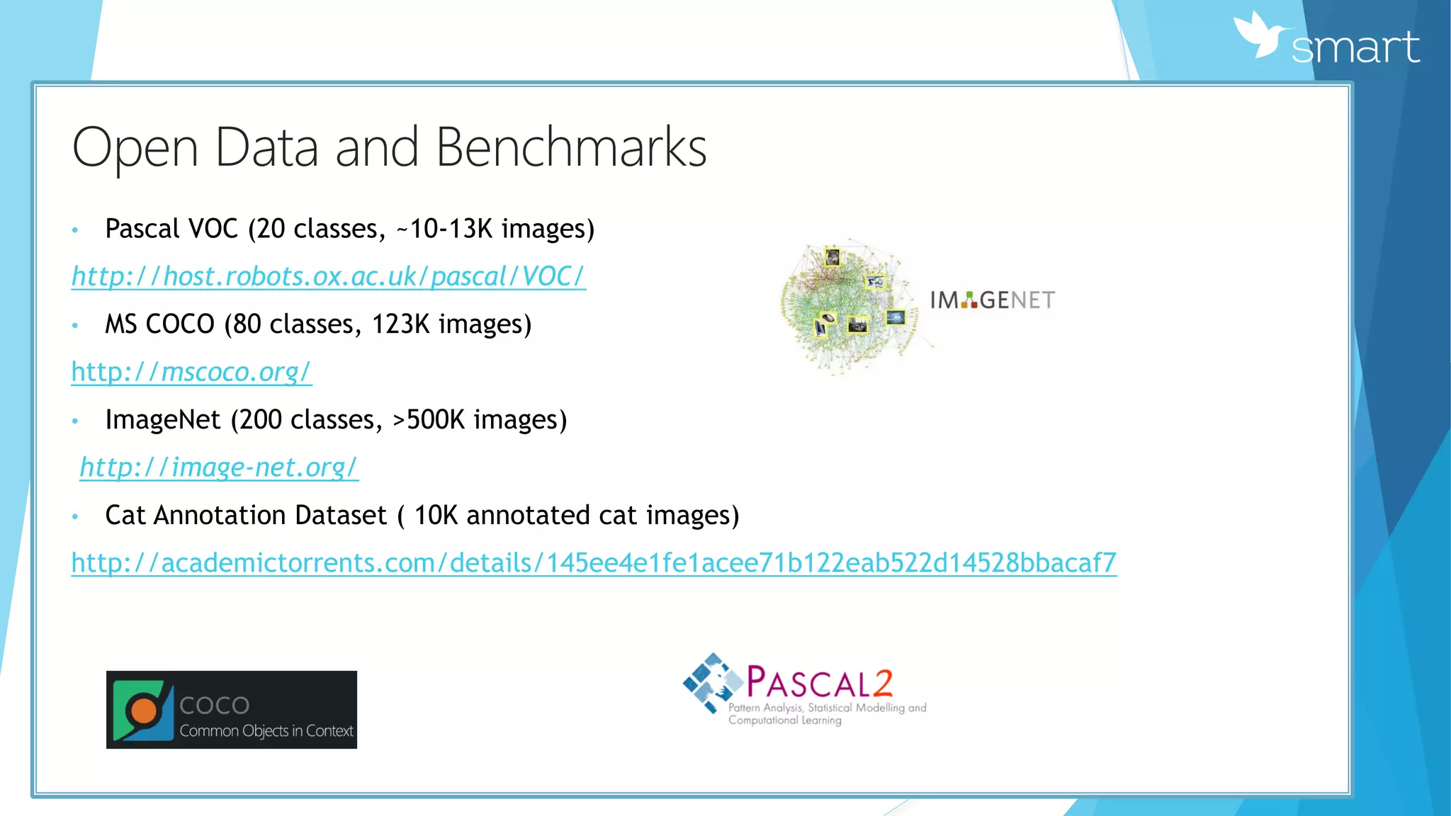 КOpen Data and Benchmarks
• Pascal VOC (20 classes, ~10-13K images)
http://host.robots.ox.ac.uk/pascal/VOC/
• MS COCO (80 classes, 123K images)
http://mscoco.org/
• ImageNet (200 classes, >500K images)
http://image-net.org/
• Cat Annotation Dataset ( 10K annotated cat images)
http://academictorrents.com/details/145ee4e1fe1acee71b122eab522d14528bbacaf7
 