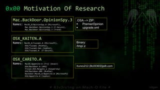 0x00 Motivation Of Research
.OSA --> ZIP:
 PremierOpinion
 upgrade.xml
Mac.BackDoor.OpinionSpy.3
Names: MacOS_X/OpinionS...