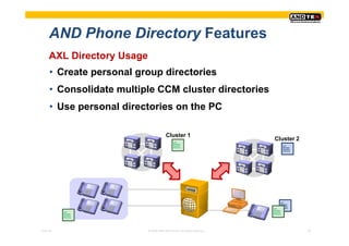 AND Phone Directory Features
     AXL Directory Usage
     • Create personal group directories
     • Consolidate multiple CCM cluster directories
     • Use personal directories on the PC

                                       Cluster 1
                                            Call
                                                                       Cluster 2
                                            Manager
                                            Personal                              Call
                                            Directory                             Manager
                                                                                  Personal
                                                                                  Directory




                                                                              Call
                                                                              Manager
                                                                              Personal
                                                                      Call    Directory
                                                                      Manager
          Call                                                        Personal
          Manager                                                     Directory
          Personal
          Directory




Pres-ID                    © 2008 ANDTEK GmbH, All rights reserved.                           20
 