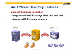 AND Phone Directory Features
     Microsoft Exchange Integration
     • Integrates with MS Exchange 2000/2003 and 2007
     • Access to MS Exchange contacts


          Microsoft                                                       Unified
          Exchange                                                        Communications
                                                                          Manager


                      WebDAV                                       AXL




Pres-ID                        © 2008 ANDTEK GmbH, All rights reserved.                    21
 