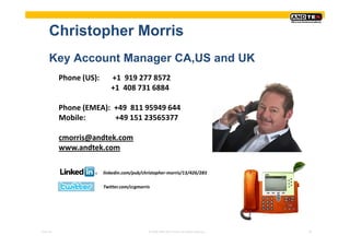 Christopher Morris
     Key Account Manager CA,US and UK
          Phone (US):      +1 919 277 8572
                           +1 408 731 6884

          Phone (EMEA): +49 811 95949 644
          Mobile:       +49 151 23565377

          cmorris@andtek.com
          www.andtek.com

                        linkedin.com/pub/christopher-morris/13/426/283

                        Twitter.com/ccgmorris




Pres-ID                                     © 2008 ANDTEK GmbH, All rights reserved.   25
 