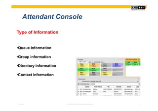 Attendant Console

Type of Information


•Queue Information

•Group information

•Directory information

•Contact information




 Pres-ID                 © 2008 ANDTEK GmbH, All rights reserved.   3
 