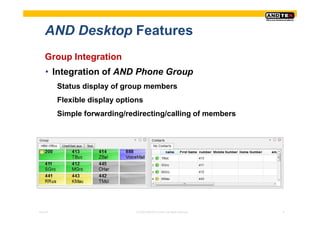 AND Desktop Features
    Group Integration
    • Integration of AND Phone Group
          Status display of group members
          Flexible display options
          Simple forwarding/redirecting/calling of members




Pres-ID                         © 2008 ANDTEK GmbH, All rights reserved.   5
 
