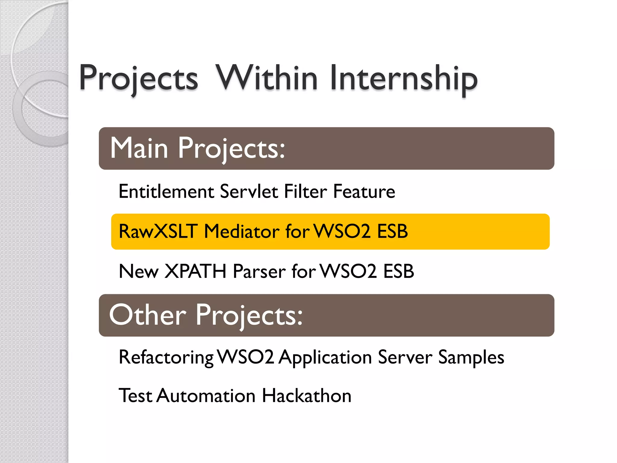 Projects Within Internship
  Main Projects:
  Entitlement Servlet Filter Feature
  RawXSLT Mediator for WSO2 ESB
  New XPATH Parser for WSO2 ESB

 Other Projects:
  Refactoring WSO2 Application Server Samples
  Test Automation Hackathon
 