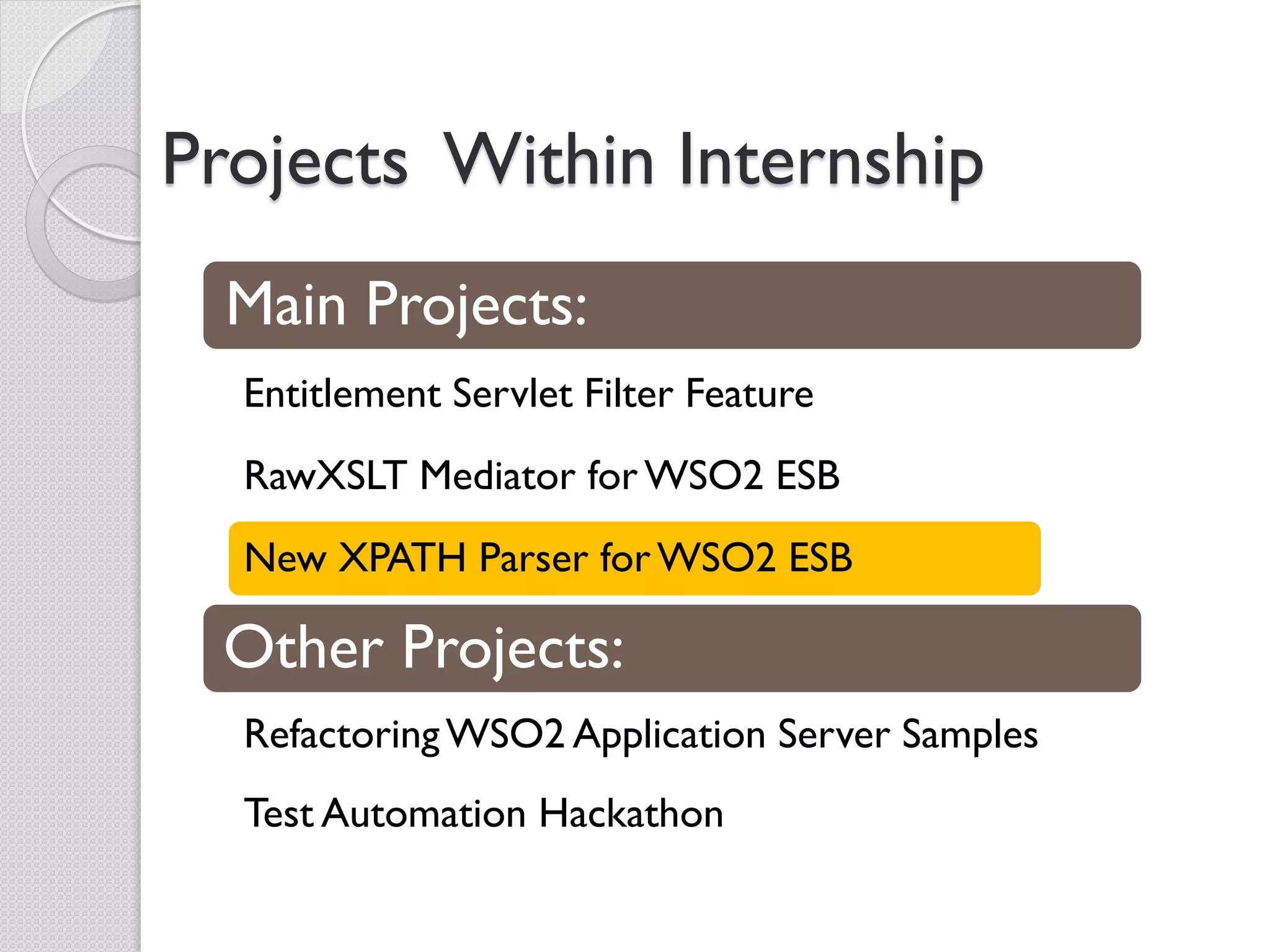 Projects Within Internship
  Main Projects:
  Entitlement Servlet Filter Feature
  RawXSLT Mediator for WSO2 ESB
  New XPATH Parser for WSO2 ESB

 Other Projects:
  Refactoring WSO2 Application Server Samples
  Test Automation Hackathon
 
