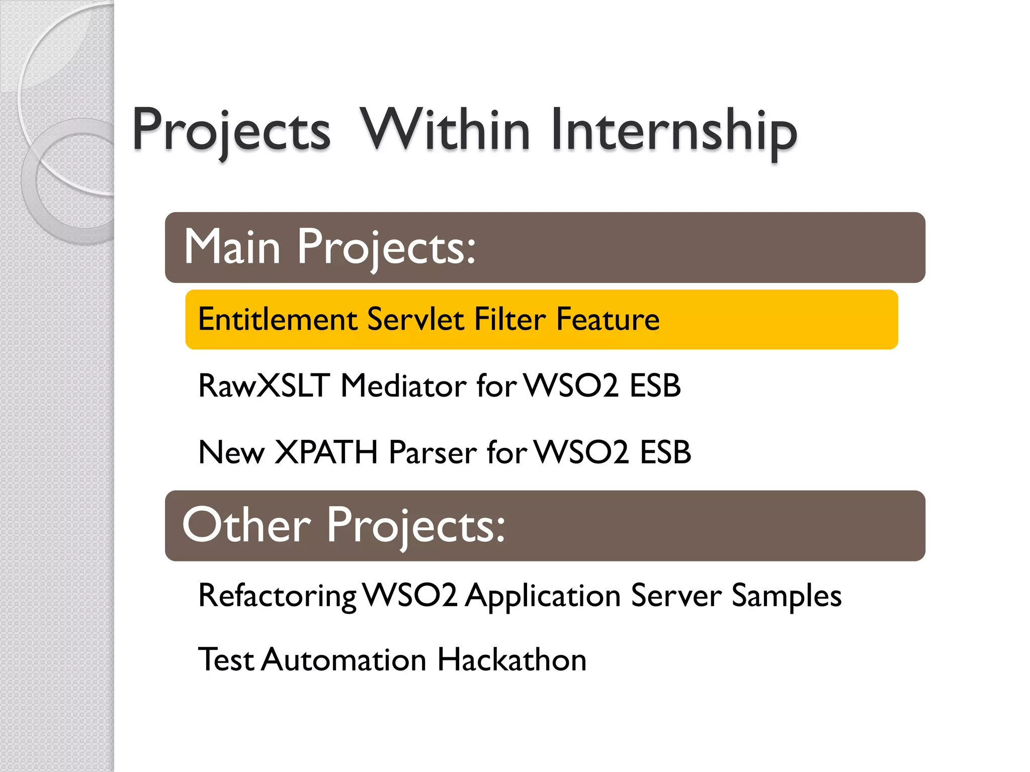 Projects Within Internship
  Main Projects:
  Entitlement Servlet Filter Feature
  RawXSLT Mediator for WSO2 ESB
  New XPATH Parser for WSO2 ESB

 Other Projects:
  Refactoring WSO2 Application Server Samples
  Test Automation Hackathon
 