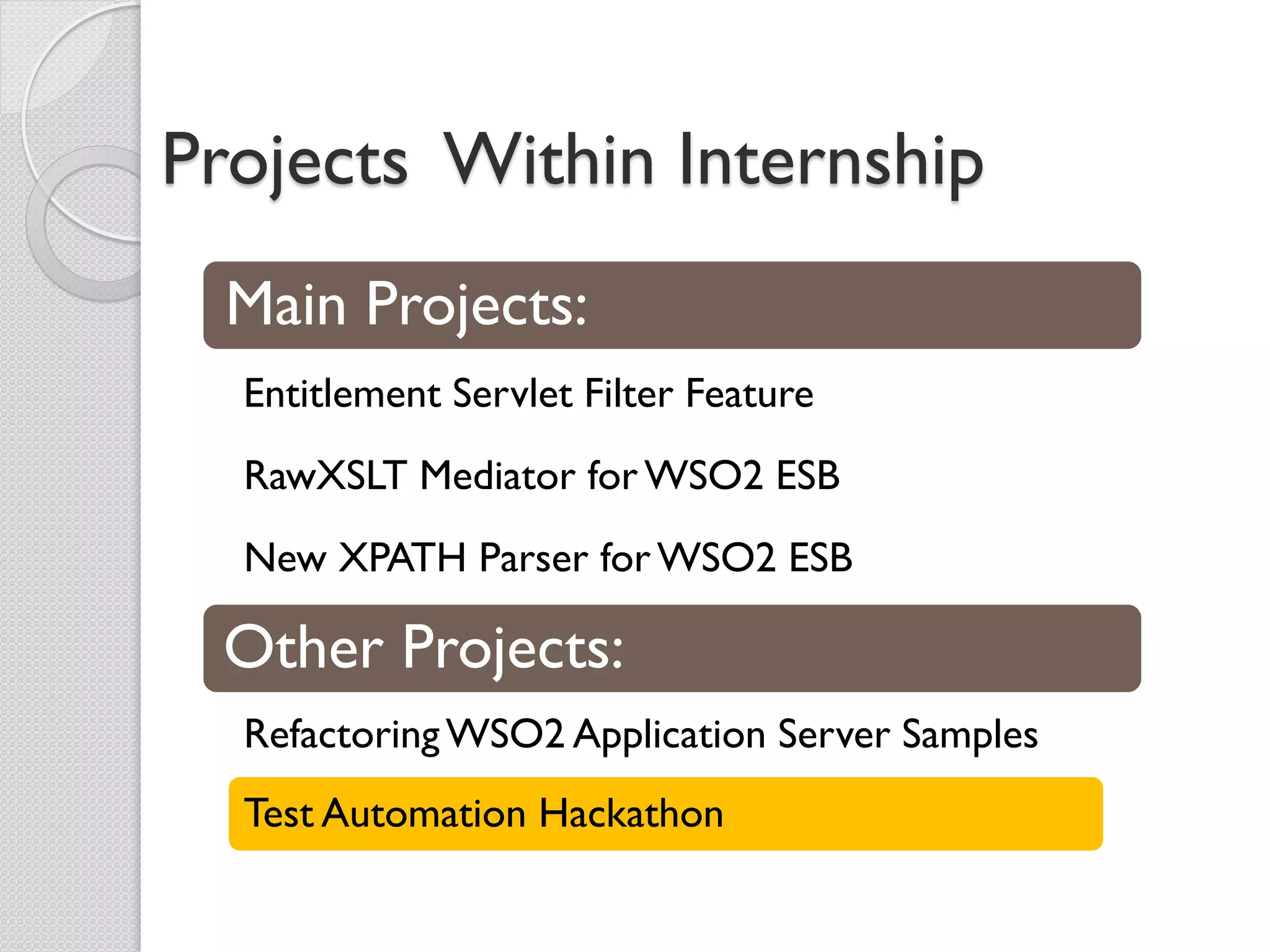 Projects Within Internship
  Main Projects:
  Entitlement Servlet Filter Feature
  RawXSLT Mediator for WSO2 ESB
  New XPATH Parser for WSO2 ESB

 Other Projects:
  Refactoring WSO2 Application Server Samples
  Test Automation Hackathon
 