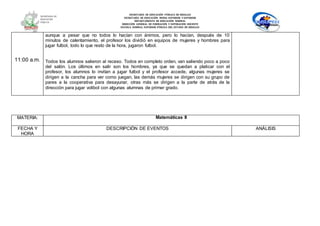 SECRETARÍA DE EDUCACIÓN PÚBLICA DE HIDALGO
SECRETARÌA DE EDUCACIÒN MEDIA SUPERIOR Y SUPERIOR
DEPARTAMENTO DE EDUCACIÒN NORMAL
DIRECCIÓN GENERAL DE FORMACIÓN Y SUPERACIÓN DOCENTE
ESCUELA NORMAL SUPERIOR PÚBLICA DEL ESTADO DE HIDALGO
11:00 a.m.
aunque a pesar que no todos lo hacían con ánimos, pero lo hacían, después de 10
minutos de calentamiento, el profesor los dividió en equipos de mujeres y hombres para
jugar futbol, todo lo que resto de la hora, jugaron futbol.
Todos los alumnos salieron al receso. Todos en completo orden, van saliendo poco a poco
del salón. Los últimos en salir son los hombres, ya que se quedan a platicar con el
profesor, los alumnos lo invitan a jugar futbol y el profesor accede, algunas mujeres se
dirigen a la cancha para ver como juegan, las demás mujeres se dirigen con su grupo de
pares a la cooperativa para desayunar, otras más se dirigen a la parte de atrás de la
dirección para jugar volibol con algunas alumnas de primer grado.
MATERIA: Matemáticas II
FECHA Y
HORA
DESCRIPCIÓN DE EVENTOS ANÁLISIS
 