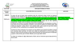 SECRETARÍA DE EDUCACIÓN PÚBLICA DE HIDALGO
SECRETARÌA DE EDUCACIÒN MEDIA SUPERIOR Y SUPERIOR
DEPARTAMENTO DE EDUCACIÒN NORMAL
DIRECCIÓN GENERAL DE FORMACIÓN Y SUPERACIÓN DOCENTE
ESCUELA NORMAL SUPERIOR PÚBLICA DEL ESTADO DE HIDALGO
MATERIA: Ciencias II énfasis en Física
FECHA Y
HORA
DESCRIPCIÓN DE EVENTOS ANÁLISIS
12/03/15
9:40 a.m.
A pesar de que no tienen esta asignatura este día, retoman la clase, inician con algunos
ejemplos de los estados en los que se encuentra el agua y los chicos se muestran más
entusiastas hacia el trabajo. El profesor le pide al alumno 1 que salga un momento porque
necesita hablar con él (es muy común que el profesor platique con algunos alumnos, que
de alguna manera causan conflicto dentro del salón), luego de un rato ingresan
nuevamente al salón, pero no distraen a los demás compañeros.
Continúan con el tema y en grupo responden a las preguntas que se presentan en el libro,
muy pocos son los que participan, la alumna 3 es la que se queda con muchas dudas, ella
misma se pregunta: “¿ósea cómo?; “no le entendí nada”, pero a pesar de que tiene dudas
y lo habla con sus compañeras no le pregunta nada al profesor.
Cuando los chicos participan no lo hacen con las palabras que quisiera el profesor aunque
son correctas esas opiniones. El resto de la clase es participación de forma grupal. No
abarcan mucho del tema porque la mayor parte del tiempo las participaciones se extienden
y pasan a otros temas que no tienen relación con lo que están viendo.
La clase no concluye en algo relacionado al tema, solo se menciona que la clase terminó y
eso es todo.
ESTRATEGIAS DIDÁCTICAS
Autor: Phillippe Meirieu En: Las
estrategias de aprendizaje
 