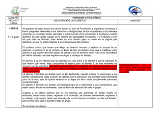 SECRETARÍA DE EDUCACIÓN PÚBLICA DE HIDALGO
SECRETARÌA DE EDUCACIÒN MEDIA SUPERIOR Y SUPERIOR
DEPARTAMENTO DE EDUCACIÒN NORMAL
DIRECCIÓN GENERAL DE FORMACIÓN Y SUPERACIÓN DOCENTE
ESCUELA NORMAL SUPERIOR PÚBLICA DEL ESTADO DE HIDALGO
MATERIA: Formación Cívica y Ética I
FECHA Y
HORA
DESCRIPCIÓN DE EVENTOS ANÁLISIS
12/03/15
1:10 p.m.
Al regresar al salón, todos los chicos sacan su libro de Formación y el profesor comienza a
hacer preguntas referentes a los derechos y obligaciones de los ciudadanos y los alumnos
empiezan a comentar dando ejemplos o experiencias. Pero comienzan a distraerse cuando
alumnos de otro grado juegan en la cancha de basquetbol. El alumno 1 y el alumno 2 son
los que más se distraen, solo tienen su libro abierto pero no están en la página que
deberían ya que no están atentos a las indicaciones del profesor.
El profesor indica que tienen que elegir un derecho humano y explicar el porqué de su
elección, el alumno 5 es el primero en llevar el libro al profesor para que le califique, pero
debido a que quería terminar rápido el trabajo y ser el primero, no lo hizo como el profesor
les había indicado, así que regresa a su lugar a corregir su trabajo.
El alumno 2 ya se interesó por la actividad así que pidió a la alumna 6 que le explicara lo
que tenían que hacer, esta compañera le explico pero el alumno 1, en ese momento no
empezó con la actividad, aún tuvo que levantarse e ir a platicar con otros compañeros y así
estuvo un buen rato hasta que el profesor le llamó la atención y entonces decidió seguir
con su actividad.
La alumna 3 también se distrae pero no tan fácilmente, cuando lo hace no interrumpe a sus
demás compañeros (esta ocasión se distrajo con la televisión, que siempre está encendida
pero no la ven), solo se queda sentada en su lugar sin decir nada, simplemente pensando
o ensimismada.
El alumno 5 también se distrae con facilidad pero el sí interrumpe a sus compañeros que
están cerca, él casi no se levanta, casi no llama la atención de todo el grupo.
Cuando a los chicos parece que no les interesa una actividad, se tardan mucho en
realizarla, hacen otras cosas, regresan a la actividad, se distraen nuevamente, regresan a
su trabajo y así siguen hasta que después de mucho tiempo concluyen con las actividades.
Eso es muy raro que le suceda a todo el grupo.
Se terminan las clases.
COMPORTAMIENTOS EN EL
AULA. Autor: Josep Ma. Puig Rovira
En: Conflictos escolares: una
oportunidad
 