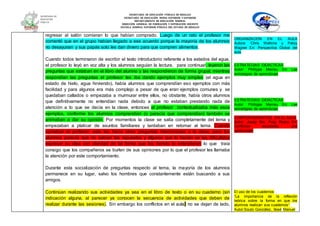 SECRETARÍA DE EDUCACIÓN PÚBLICA DE HIDALGO
SECRETARÌA DE EDUCACIÒN MEDIA SUPERIOR Y SUPERIOR
DEPARTAMENTO DE EDUCACIÒN NORMAL
DIRECCIÓN GENERAL DE FORMACIÓN Y SUPERACIÓN DOCENTE
ESCUELA NORMAL SUPERIOR PÚBLICA DEL ESTADO DE HIDALGO
regresar al salón comieran lo que habían comprado. Luego de un rato el profesor me
comentó que en el grupo habían llegado a ese acuerdo porque la mayoría de los alumnos
no desayunan y sus papás solo les dan dinero para que compren alimentos.
Cuando todos terminaron de escribir el texto introductorio referente a los estados del agua,
el profesor lo leyó en voz alta y los alumnos seguían la lectura, para continuar, leyeron las
preguntas que estaban en el libro del alumno y las respondieron de forma grupal, mientras
respondían las preguntas el profesor les iba dando ejemplos muy simples (el agua en
estado de hielo, agua hirviendo), había alumnos que comprendían eso ejemplos con más
facilidad y para algunos era más complejo a pesar de que eran ejemplos comunes y se
quedaban callados o empezaba a murmurar entre ellos, no obstante, había otros alumnos
que definitivamente no entendían nada debido a que no estaban prestando nada de
atención a lo que se decía en la clase, entonces el profesor contextualizaba más esos
ejemplos, conforme los alumnos comprendían (o parecía que comprendían) también se
animaban a dar su opinión. Por momentos la clase se salía completamente del tema y
empezaban a platicar de asuntos familiares y tardaban en retomar al tema. Cuando
opinaban el profesor, este les hacia otras preguntas relacionadas a la clase, pero los
alumnos parecía que no sabían las repuestas y algunos que lo hacían se les dificultaba
expresar su idea con claridad de tal forma que los demás lo entendieran lo que traía
consigo que los compañeros se burlen de sus opiniones por lo que el profesor les llamaba
la atención por este comportamiento.
Durante esta socialización de preguntas respecto al tema, la mayoría de los alumnos
permanece en su lugar, salvo los hombres que constantemente están buscando a sus
amigos.
Continúan realizando sus actividades ya sea en el libro de texto o en su cuaderno (sin
indicación alguna, al parecer ya conocen la secuencia de actividades que deben de
realizar durante las sesiones). Sin embargo los conflictos en el aula) no se dejan de lado,
ORGANIZACIÓN EN EL AULA
Autora: Chris Watkins y Patsy
Wagner En: Perspectiva Global del
aula.
ESTRATEGIAS DIDÁCTICAS
Autor: Phillippe Meirieu En: Las
estrategias de aprendizaje
ESTRATEGIAS DIDÁCTICAS
Autor: Phillippe Meirieu En: Las
estrategias de aprendizaje
COMPORTAMIENTOS EN EL AULA
Autor: Josep Ma. Puig Rovira En:
Conflictos escolares: una
oportunidad
El uso de los cuadernos
“La importancia de la reflexión
teórica sobre la forma en que los
alumnos realizan sus cuadernos”
Autor:Souto González, Xosé Manuel
 