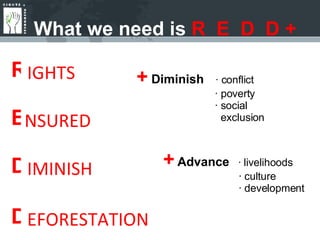 What we need is  R  E  D  D + +   Diminish   · conflict   · poverty   · social    exclusion +   Advance   · livelihoods   · culture   · development   R E D D IGHTS NSURED IMINISH EFORESTATION 