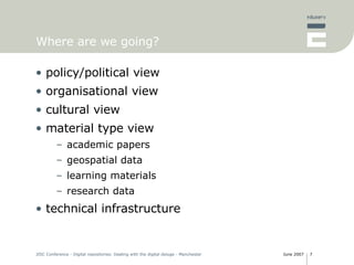 Where are we going? policy/political view organisational view cultural view material type view academic papers geospatial data learning materials research data technical infrastructure 
