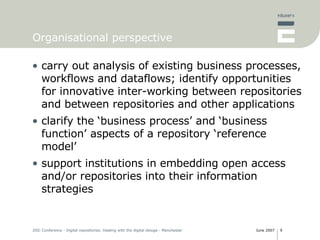 Organisational perspective carry out analysis of existing business processes, workflows and dataflows; identify opportunities for innovative inter-working between repositories and between repositories and other applications clarify the ‘business process’ and ‘business function’ aspects of a repository ‘reference model’ support institutions in embedding open access and/or repositories into their information strategies 