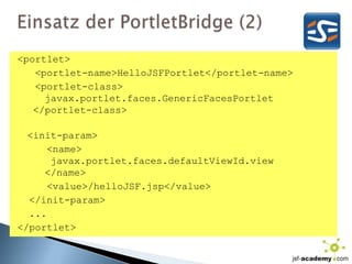 Einsatz der PortletBridge (2)<portlet>   <portlet-name>HelloJSFPortlet</portlet-name>   <portlet-class>javax.portlet.faces.GenericFacesPortlet </portlet-class><init-param>     <name>javax.portlet.faces.defaultViewId.view   </name>     <value>/helloJSF.jsp</value>  </init-param>  ...</portlet>