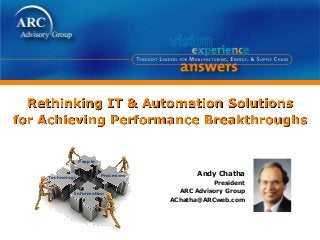 Rethinking IT & Automation Solutions
for Achieving Performance Breakthroughs
Andy Chatha
President
ARC Advisory Group
AChatha@ARCweb.com
Technology
People
Information
Processes
 