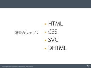 HTML
§  CSS
§  SVG
§  DHTML
§ 

過去のウェブ：

© 2012 Adobe Systems Incorporated. All Rights Reserved. Adobe Conﬁdential.

 