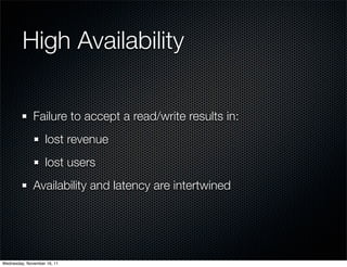 High Availability

              Failure to accept a read/write results in:
                   lost revenue
              ...