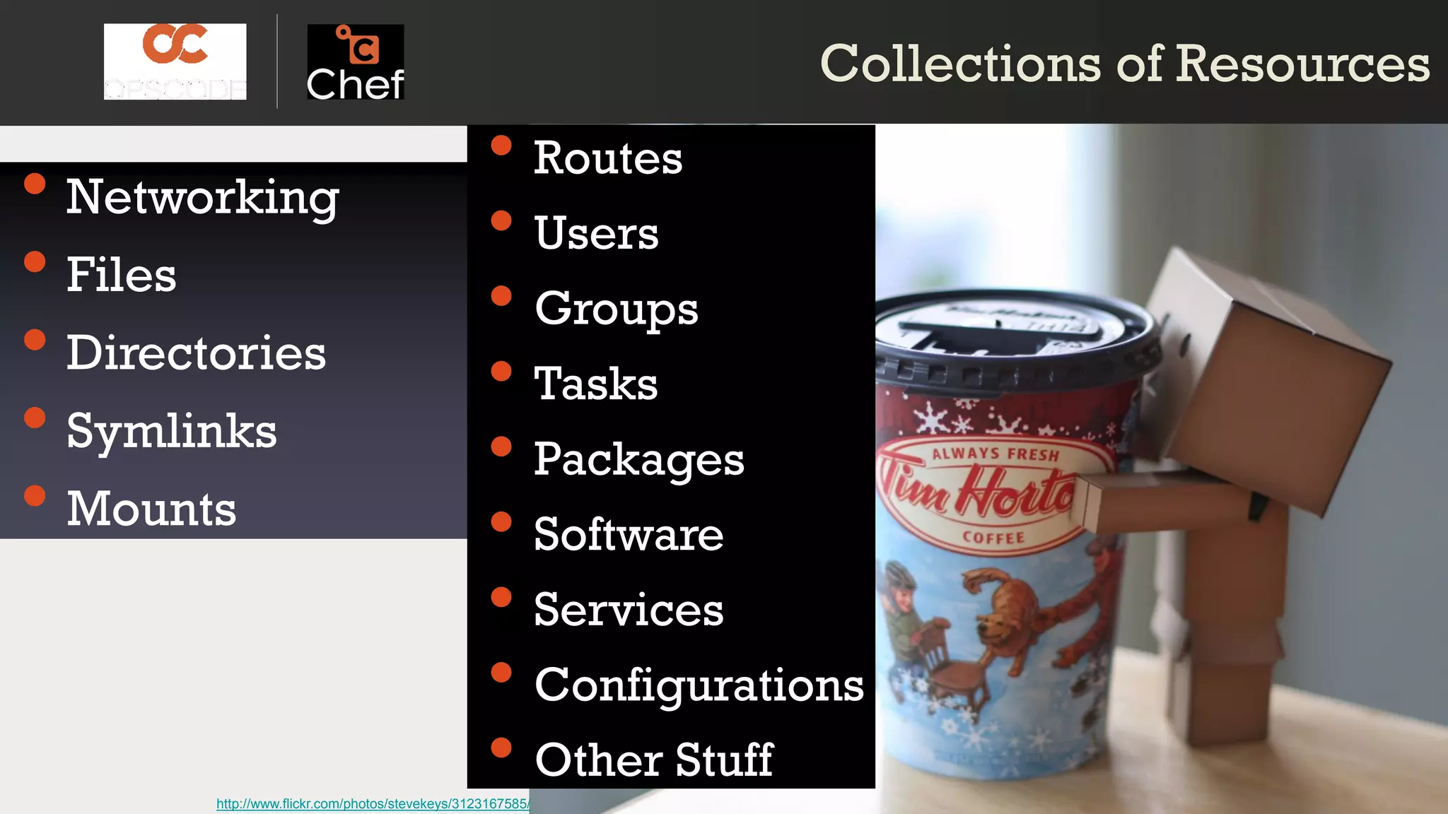 Collections of ResourcesCollections of Resources
• Networking
• Files
• Directories
• Symlinks
• Mounts
• Routes
• Users
• Groups
• Tasks
• Packages
• Software
• Services
• Configurations
• Other Stuff
http://www.flickr.com/photos/stevekeys/3123167585/
 