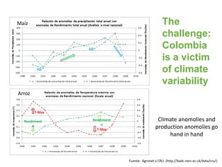The
challenge:
Colombia
is a victim
of climate
variability

Maíz

Arroz

T-Max
Rendimient
o

Rendimient
o
T-Max

Climate a...