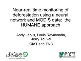 Near-real time monitoring of deforestation using a neural network and MODIS data:  the HUMANE approach Andy Jarvis, Louis Reymondin, Jerry Touval CIAT and TNC 