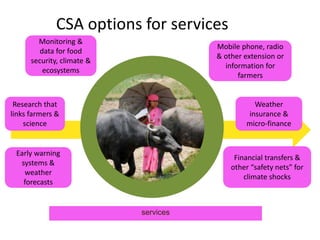 CSA options for services 
services 
Monitoring & 
data for food 
security, climate & 
ecosystems 
Early warning 
systems & 
weather 
forecasts 
Mobile phone, radio 
& other extension or 
information for 
farmers 
Research that 
links farmers & 
science 
Weather 
insurance & 
micro-finance 
Financial transfers & 
other “safety nets” for 
climate shocks 
 
