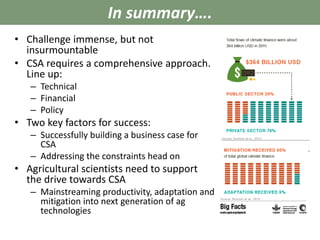 In summary…. 
• Challenge immense, but not 
insurmountable 
• CSA requires a comprehensive approach. 
Line up: 
– Technical 
– Financial 
– Policy 
• Two key factors for success: 
– Successfully building a business case for 
CSA 
– Addressing the constraints head on 
• Agricultural scientists need to support 
the drive towards CSA 
– Mainstreaming productivity, adaptation and 
mitigation into next generation of ag 
technologies 
 