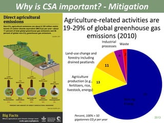 Agriculture-related activities are 
19-29% of global greenhouse gas 
2013 
Why is CSA important? - Mitigation 
emissions (2010) 
Land-use change and 
forestry including 
drained peatlands 
13 
Agriculture 
production (e.g., 
fertilizers, rice, 
livestock, energy) 
Industrial 
processes 
Waste 
Percent, 100% = 50 
gigatonnes CO2e per year 
Non-Ag 
Energy 
70 
11 
4 2 
 