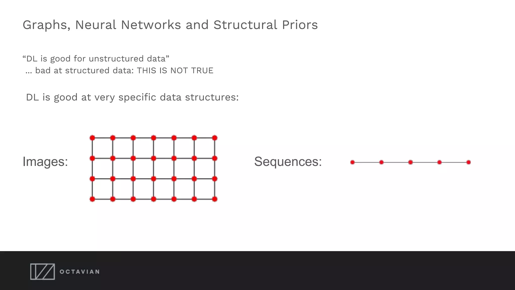 Graphs, Neural Networks and Structural Priors
“DL is good for unstructured data”
... bad at structured data: THIS IS NOT TRUE
DL is good at very specific data structures:
Images: Sequences:
 