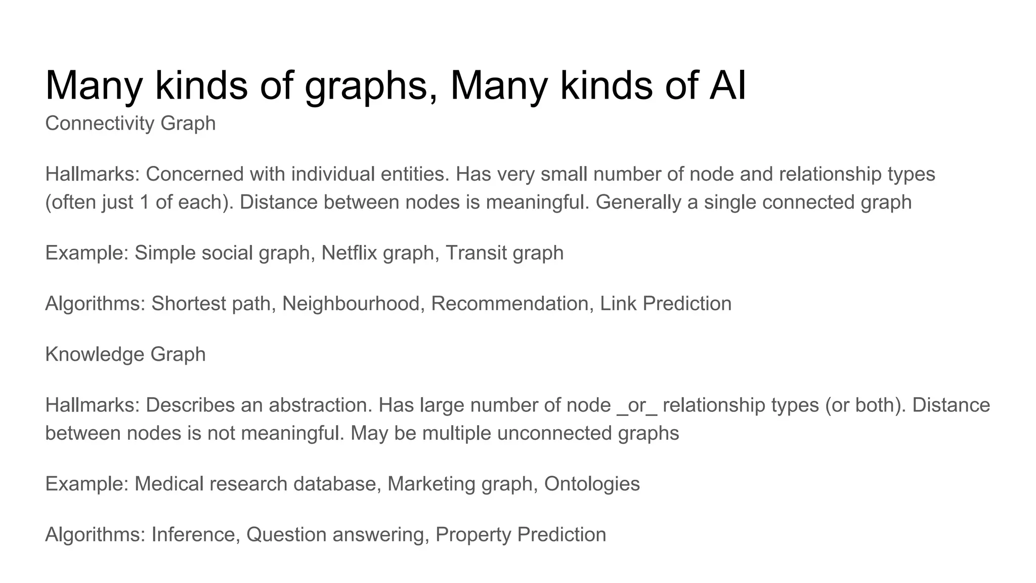 Many kinds of graphs, Many kinds of AI
Connectivity Graph
Hallmarks: Concerned with individual entities. Has very small number of node and relationship types
(often just 1 of each). Distance between nodes is meaningful. Generally a single connected graph
Example: Simple social graph, Netflix graph, Transit graph
Algorithms: Shortest path, Neighbourhood, Recommendation, Link Prediction
Knowledge Graph
Hallmarks: Describes an abstraction. Has large number of node _or_ relationship types (or both). Distance
between nodes is not meaningful. May be multiple unconnected graphs
Example: Medical research database, Marketing graph, Ontologies
Algorithms: Inference, Question answering, Property Prediction
 
