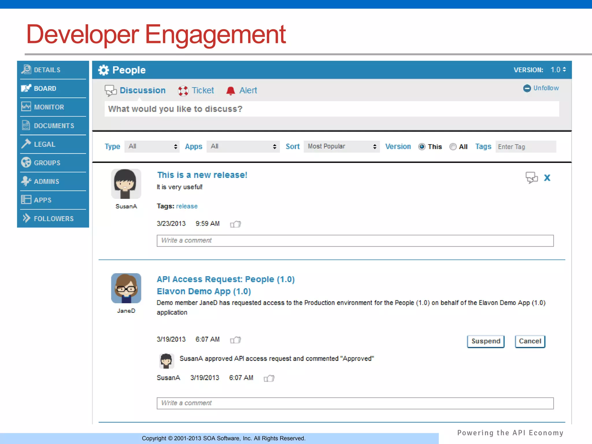 Developer Engagement 
Copyright © 2001-2013 SOA Software, Inc. All Rights Reserved. 
 