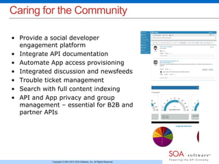 Caring for the Community 
• Provide a social developer 
engagement platform 
• Integrate API documentation 
• Automate App access provisioning 
• Integrated discussion and newsfeeds 
• Trouble ticket management 
• Search with full content indexing 
• API and App privacy and group 
management – essential for B2B and 
partner APIs 
Copyright © 2001-2013 SOA Software, Inc. All Rights Reserved. 
 