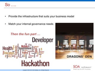 Copyright © 2001-2013 SOA Software, Inc. All Rights Reserved. 
So …. 
• Provide the infrastructure that suits your business model 
• Match your internal governance needs 
Then the fun part … 
 