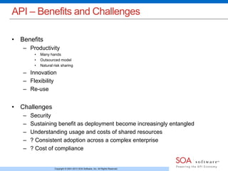 API – Benefits and Challenges 
Copyright © 2001-2013 SOA Software, Inc. All Rights Reserved. 
• Benefits 
– Productivity 
• Many hands 
• Outsourced model 
• Natural risk sharing 
– Innovation 
– Flexibility 
– Re-use 
• Challenges 
– Security 
– Sustaining benefit as deployment become increasingly entangled 
– Understanding usage and costs of shared resources 
– ? Consistent adoption across a complex enterprise 
– ? Cost of compliance 
 