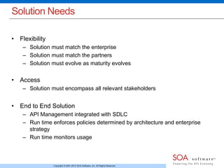 Solution Needs 
Copyright © 2001-2013 SOA Software, Inc. All Rights Reserved. 
• Flexibility 
– Solution must match the enterprise 
– Solution must match the partners 
– Solution must evolve as maturity evolves 
• Access 
– Solution must encompass all relevant stakeholders 
• End to End Solution 
– API Management integrated with SDLC 
– Run time enforces policies determined by architecture and enterprise 
strategy 
– Run time monitors usage 
 