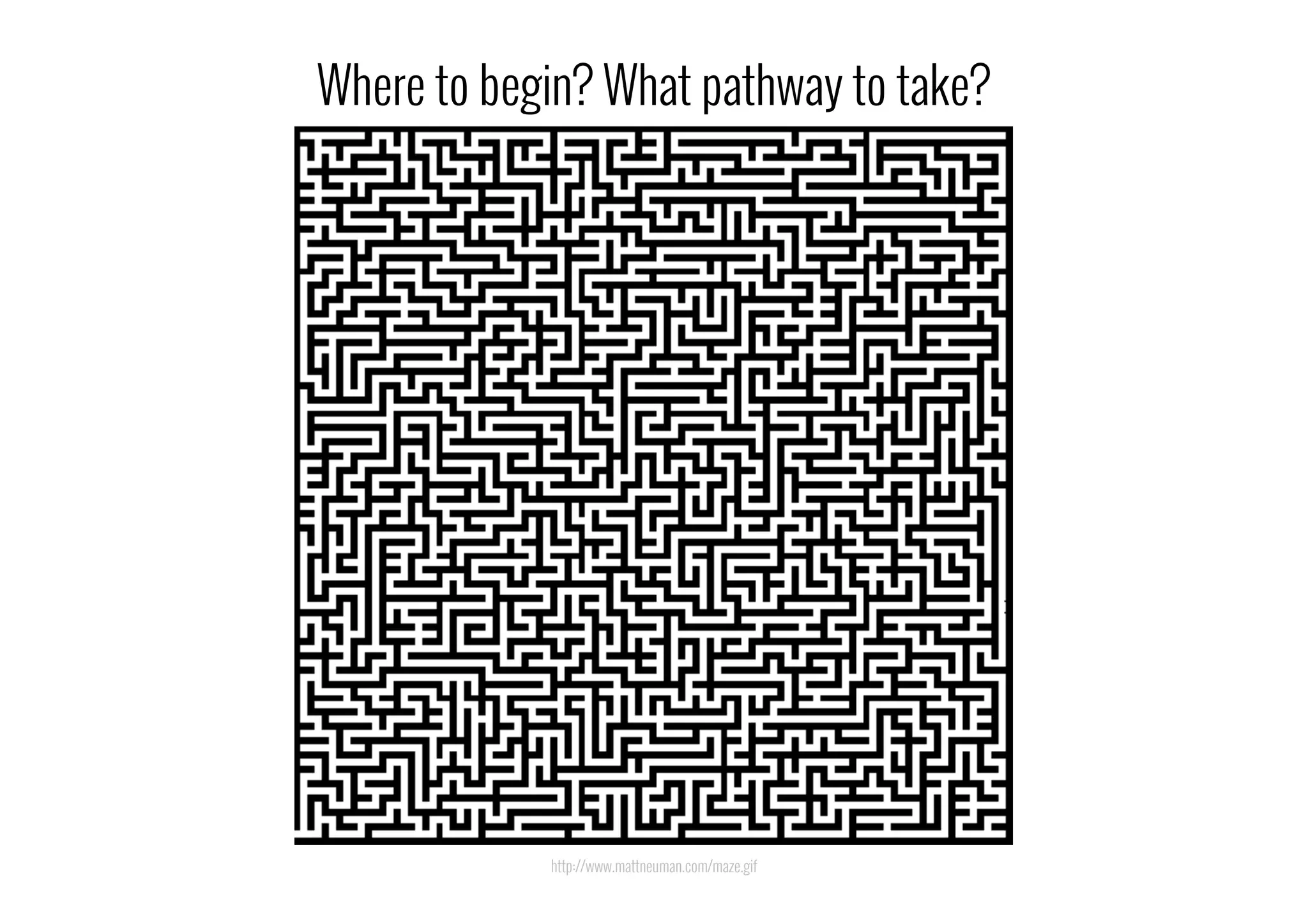 Where to begin? What pathway to take?
http://www.mattneuman.com/maze.gif
 