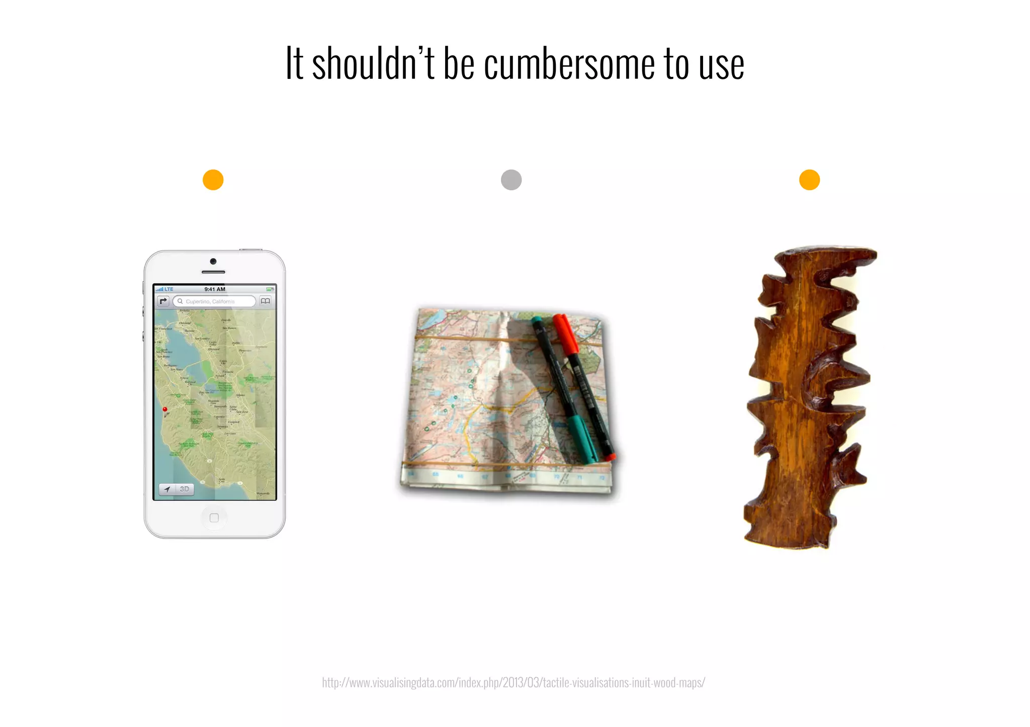 It shouldn’t be cumbersome to use
http://www.visualisingdata.com/index.php/2013/03/tactile-visualisations-inuit-wood-maps/
 