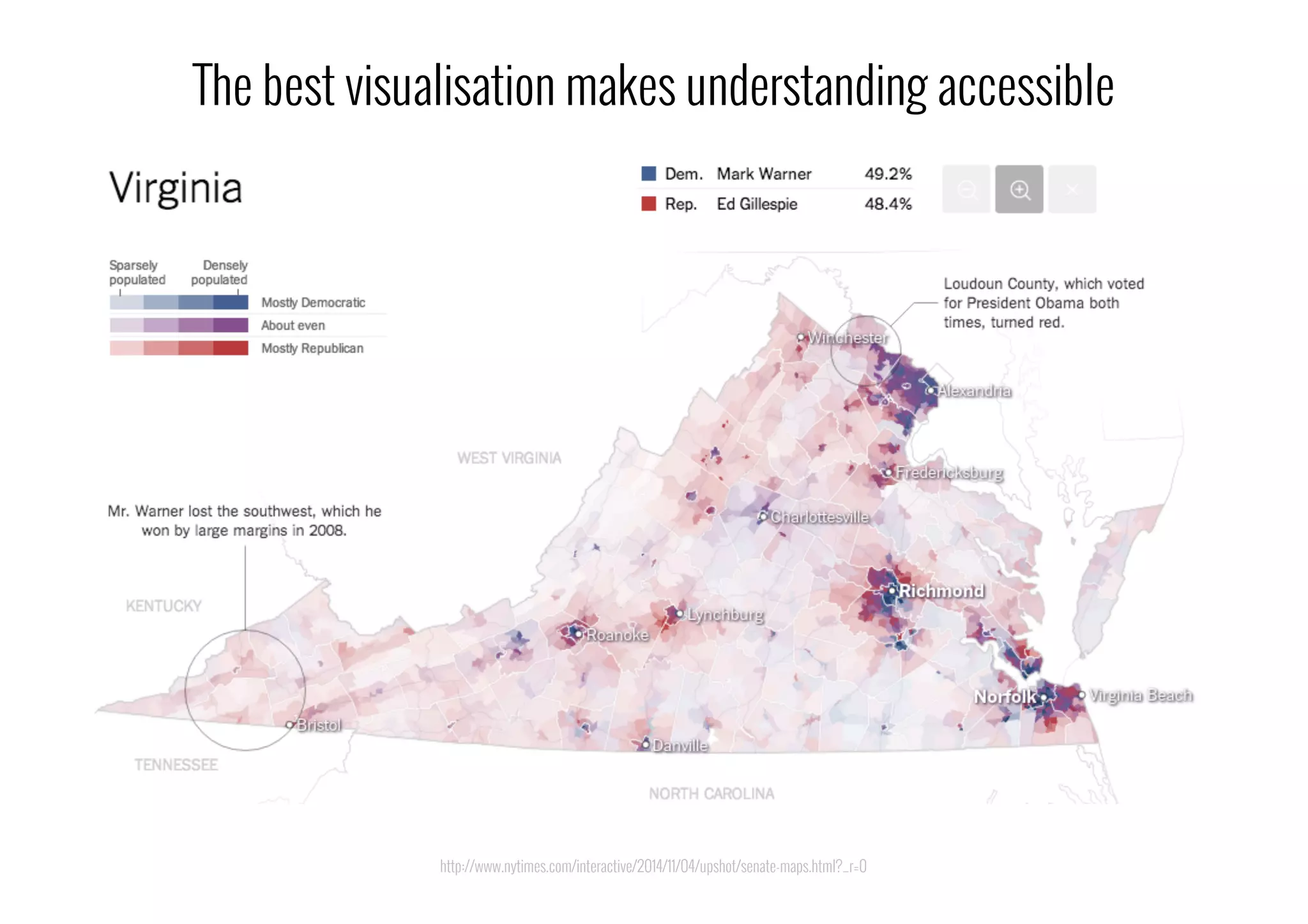 The best visualisation makes understanding accessible
http://www.nytimes.com/interactive/2014/11/04/upshot/senate-maps.html?_r=0
 